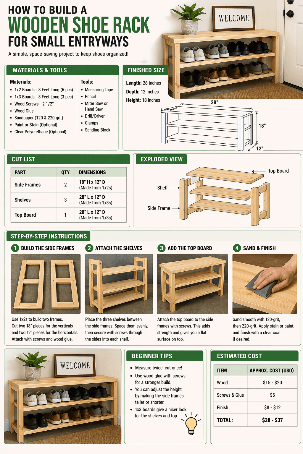 Wooden shoe rack for small entryways easy DIY woodworking plan